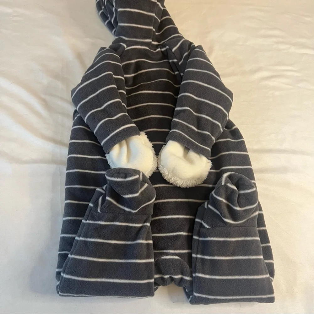 NWT Baby Fleece Bunting‎ Snowsuit Hood Sherpa Lined Winter One Piece Gray Stripe